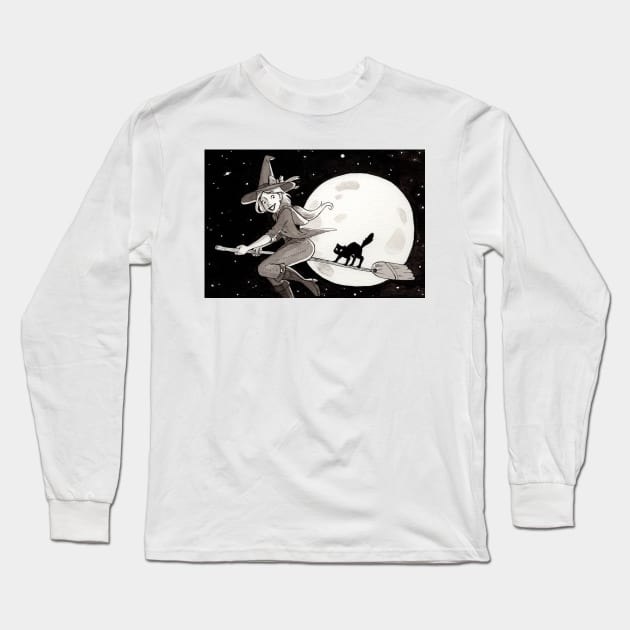 Flying Witch Kitten Training Long Sleeve T-Shirt by PaperRain